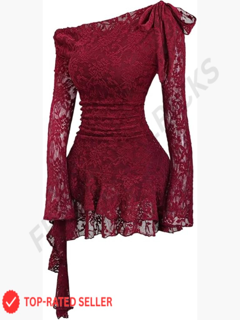 Floral Lace Off The Shoulder Dress Ruched Long Sleeve Y2k Ruffle Mini Dress